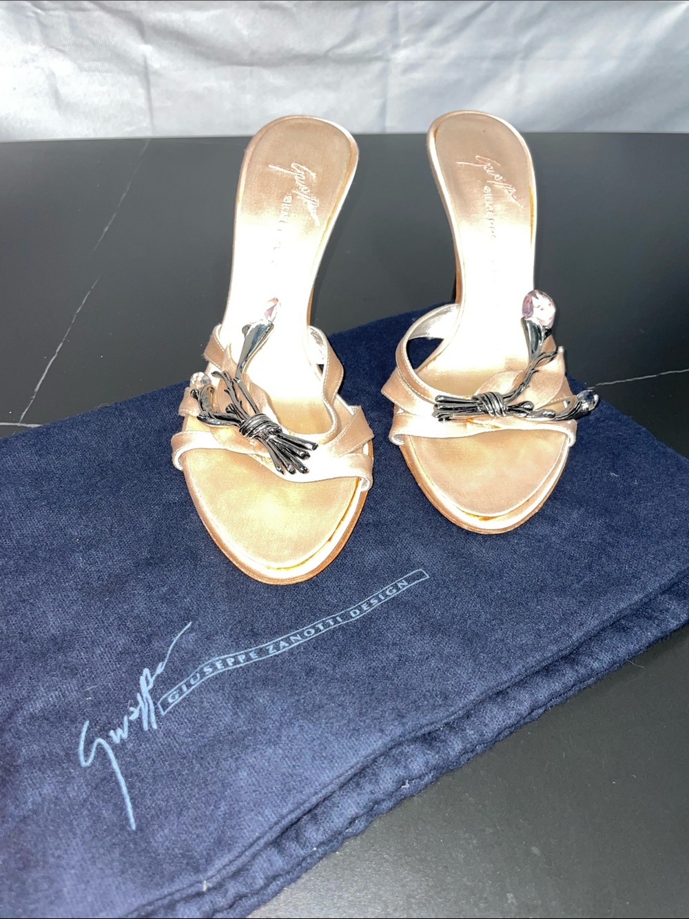 GUISEPPE ZANOTTI CRYSTAL AND SILVER TONE CHAMPAGNE SATIN HEEL MULES FTL-08-203
